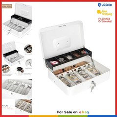 Cash Box with Lock and Money Tray Metal Lock Box 11.8 Inch White for Home