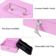 Light Purple Key Lock Cash Box – Durable Metal with Money Tray, Medium Size