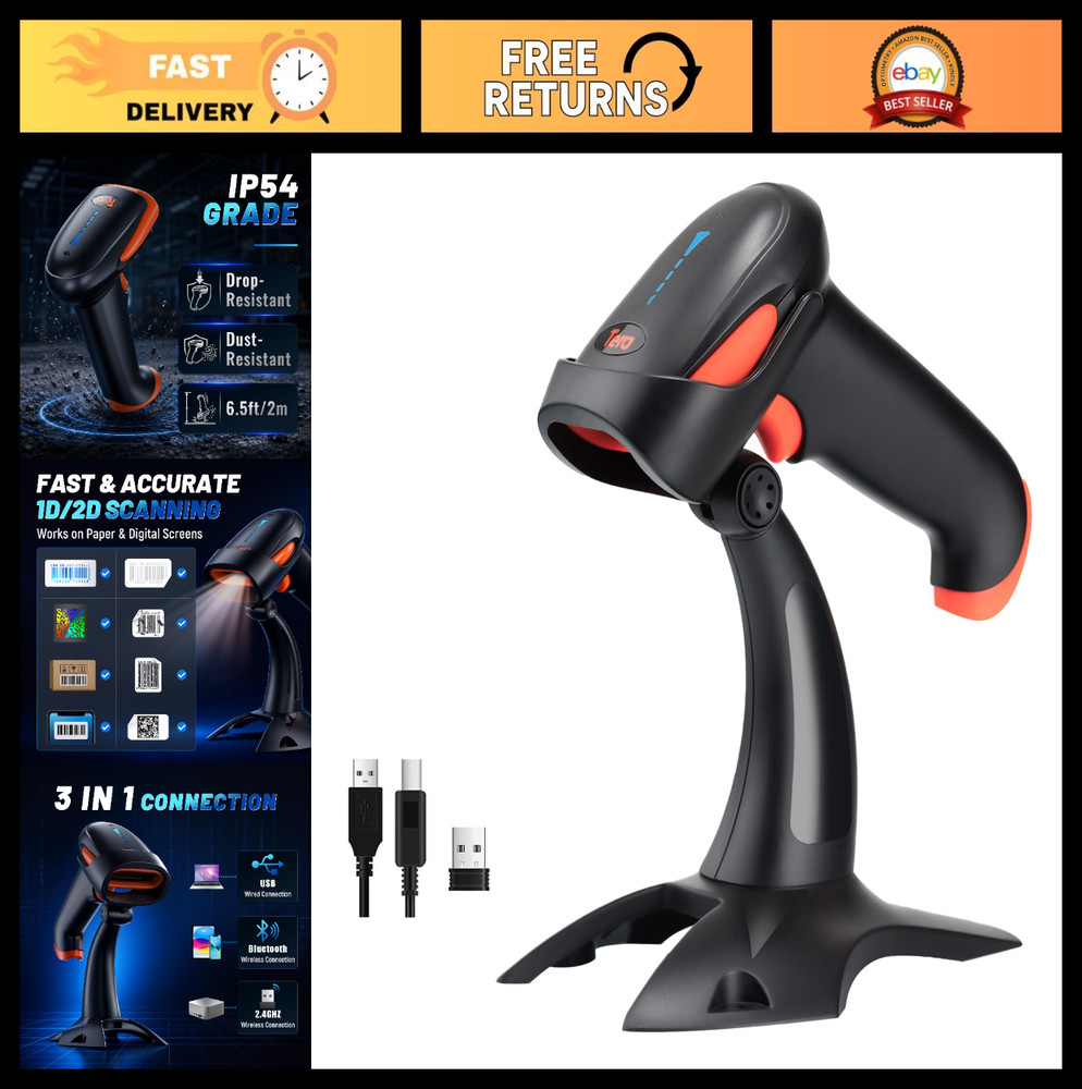Wireless 2D Barcode Scanner with Battery Indicator & Stand – USB, 1D/2D QR Scann