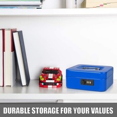 Blue Locking Steel Cash Box Combination Lock Removable Tray 7.8×6.8 Inch