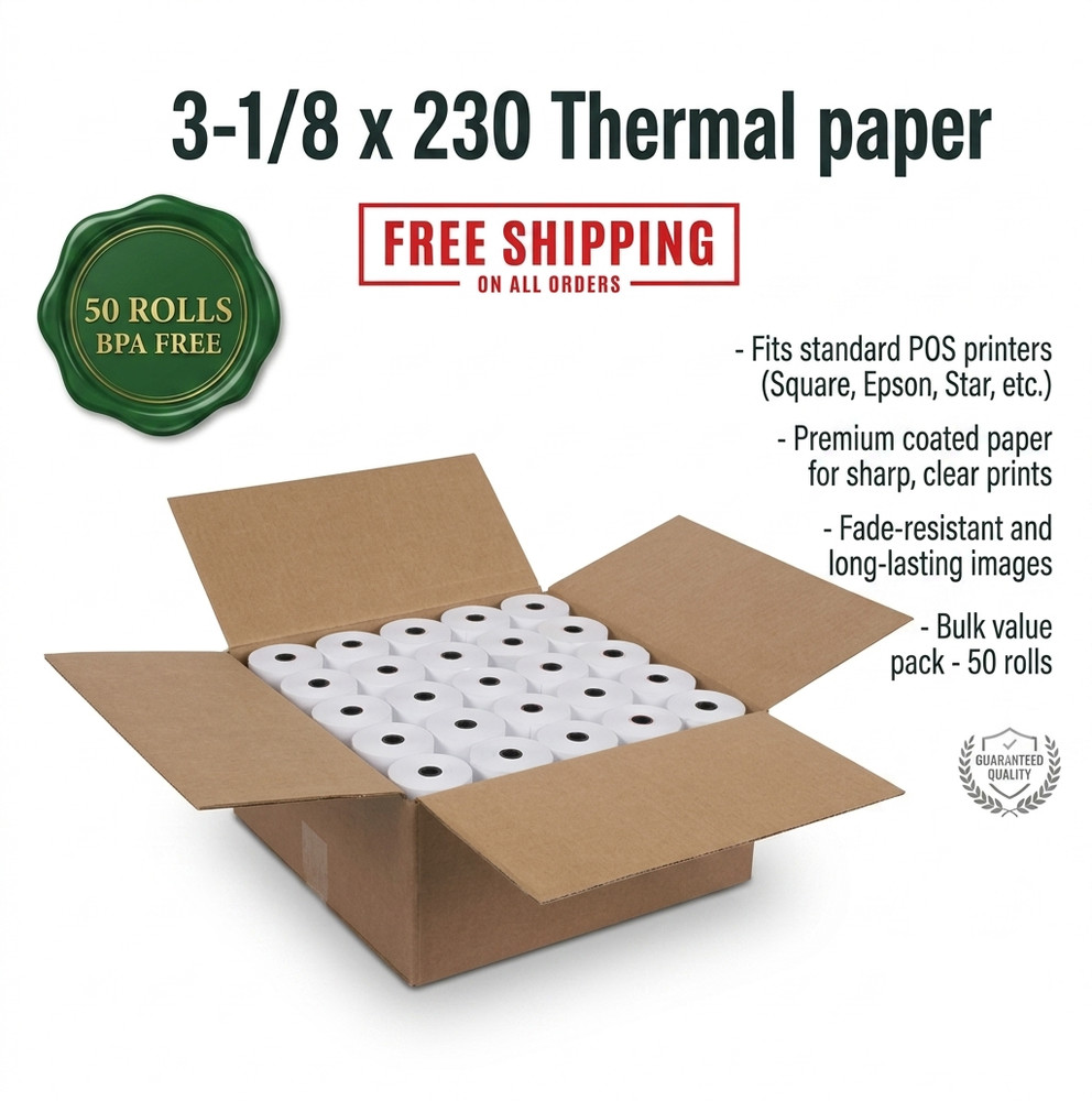 3-1/8&Prime; x 230&prime; Thermal POS Receipt Paper Rolls BPA Free Cash Register 50 Rolls