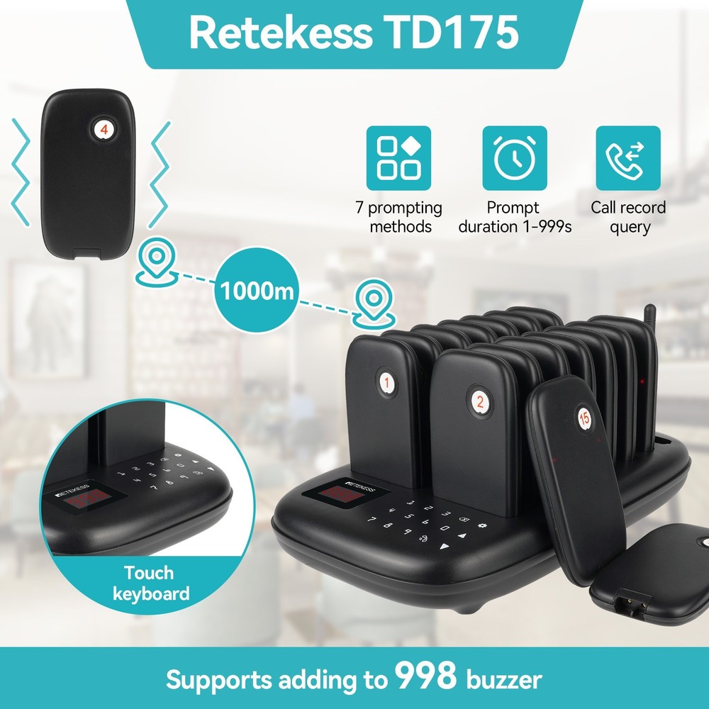 Retekess TD175 Restaurant Pager System Queuing 16 Beeper Food Truck Cafe Eatery