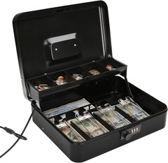 Jssmst Large Locking Cash Box with Money Tray, Metal Money Box Black