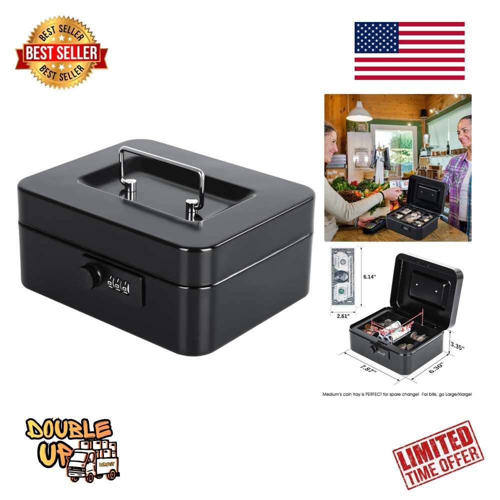 Efficient Cash Box with Combination Lock, Removable Tray – Stylish Black Design