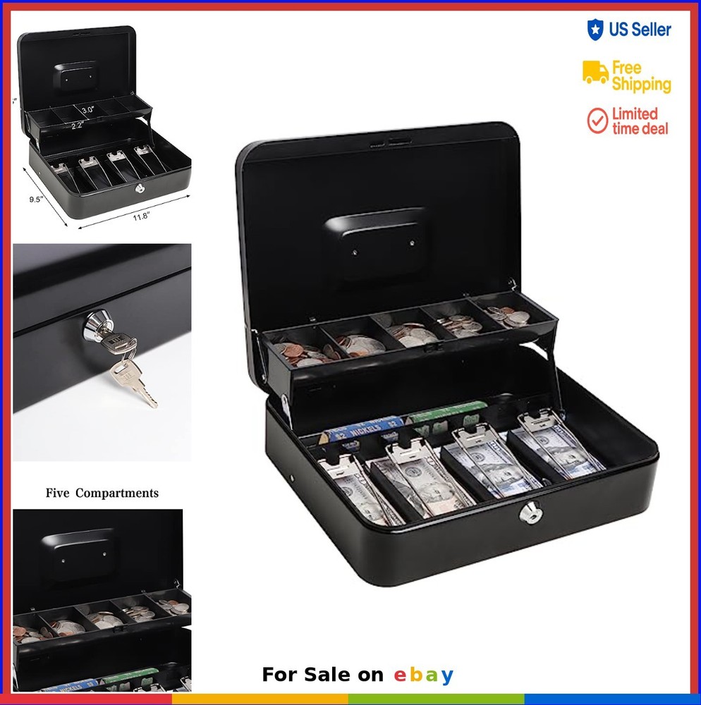 Cash Box with Money Tray Key Lock Safe Box for Cash Saving Metal Secure Carry