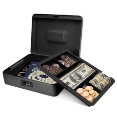 Cash Box with Combination Lock – Black 5-Compartment Metal Cash Box with Tray