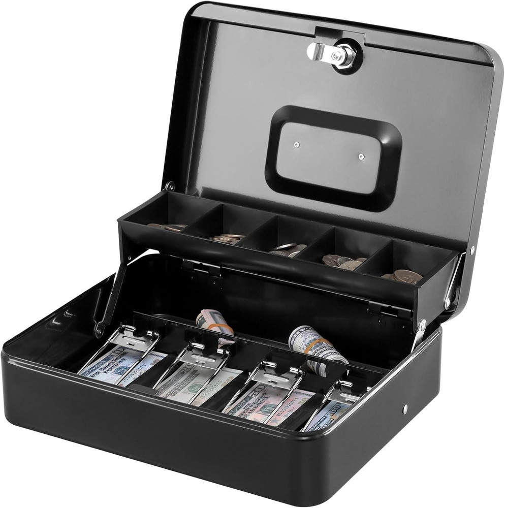XL Locking Cash Box with Key, Cash Tray & Coin Slots – Black Organizer