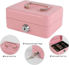 Locking Steel Mini Cash Box with Removable Coin Tray and Key Lock for Kids, 4.92