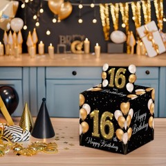 16th Happy Birthday Black Gold Money Box Cash Pull Out Card 50 Bags Gifts