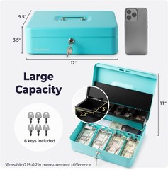 Large Cash Box with Key Lock, Metal Money Box for Cash, Portable Locking Safe…