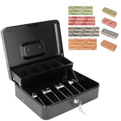 Cash Box with Key Lock Money Tray Metal Box with 100 Coin Wrappers Assorted