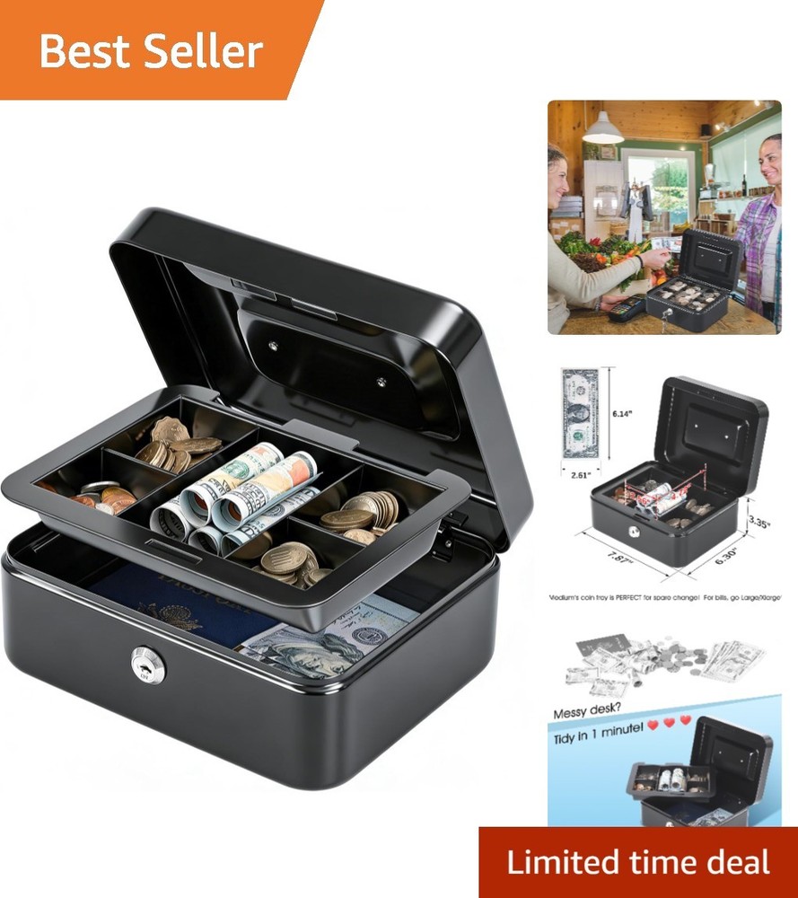 Medium Portable Cash Box with Removable Tray & Key Lock – Versatile Black Design