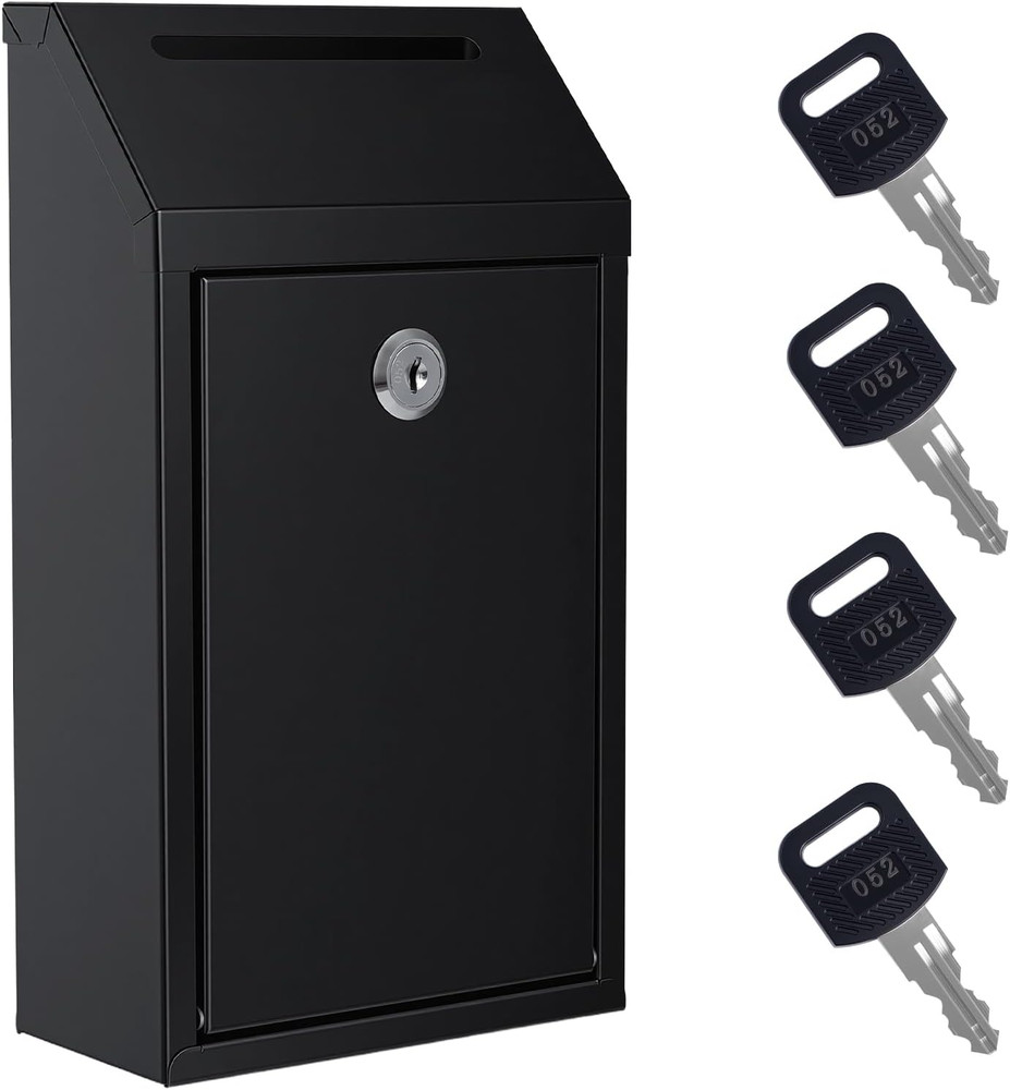 Locking Cash Box with Lock and Slot, Metal Money Drop Box with 4 Keys Wall Mount