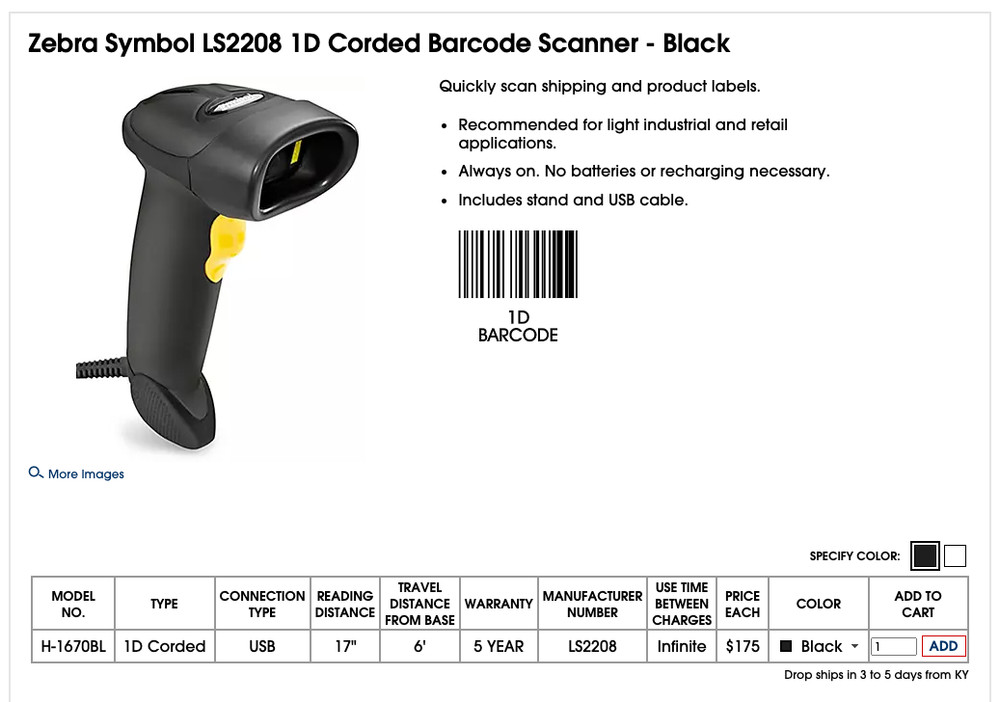 Zebra LS2208 Barcode Scanner – LS2208-SR20007R-NA