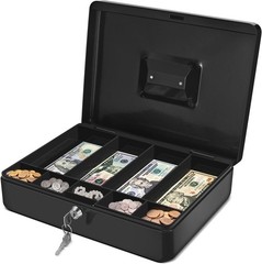 Cash Box With Lock Metal Money Tray 9 Compartment Portable Small Business Black
