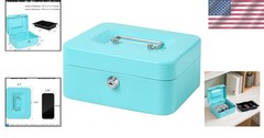 Portable Light Blue Cash Box with Key Lock for Cash and Medication Storage