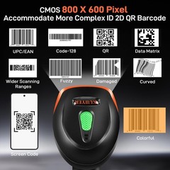 Wireless 2D QR & 1D Barcode Scanner Handheld Reader, CMOS 800×600, Plug & Play f