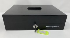 Honeywell Keyed Steel Cash Box, Removable Tray, Dollar Holders, Black