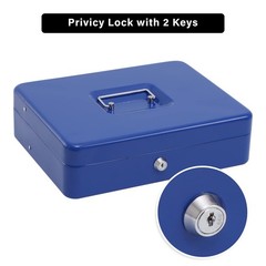 Blue Metal Cash Box Key Lock Money Tray 4 Bill 5 Coin 11.8×9.5×3.5 Inch Safe