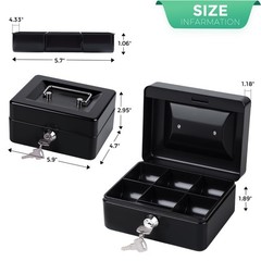 Small Cash Box with Money Tray and Lock, Metal Small, Black – Key Lock