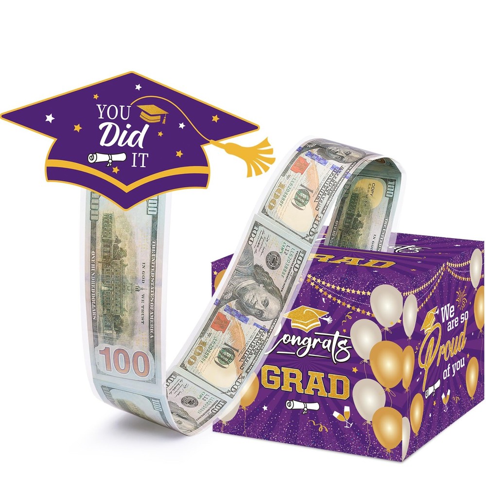 Graduation Money Box for Cash Gift Pull Purple Gold Graduation Gifts Surprise