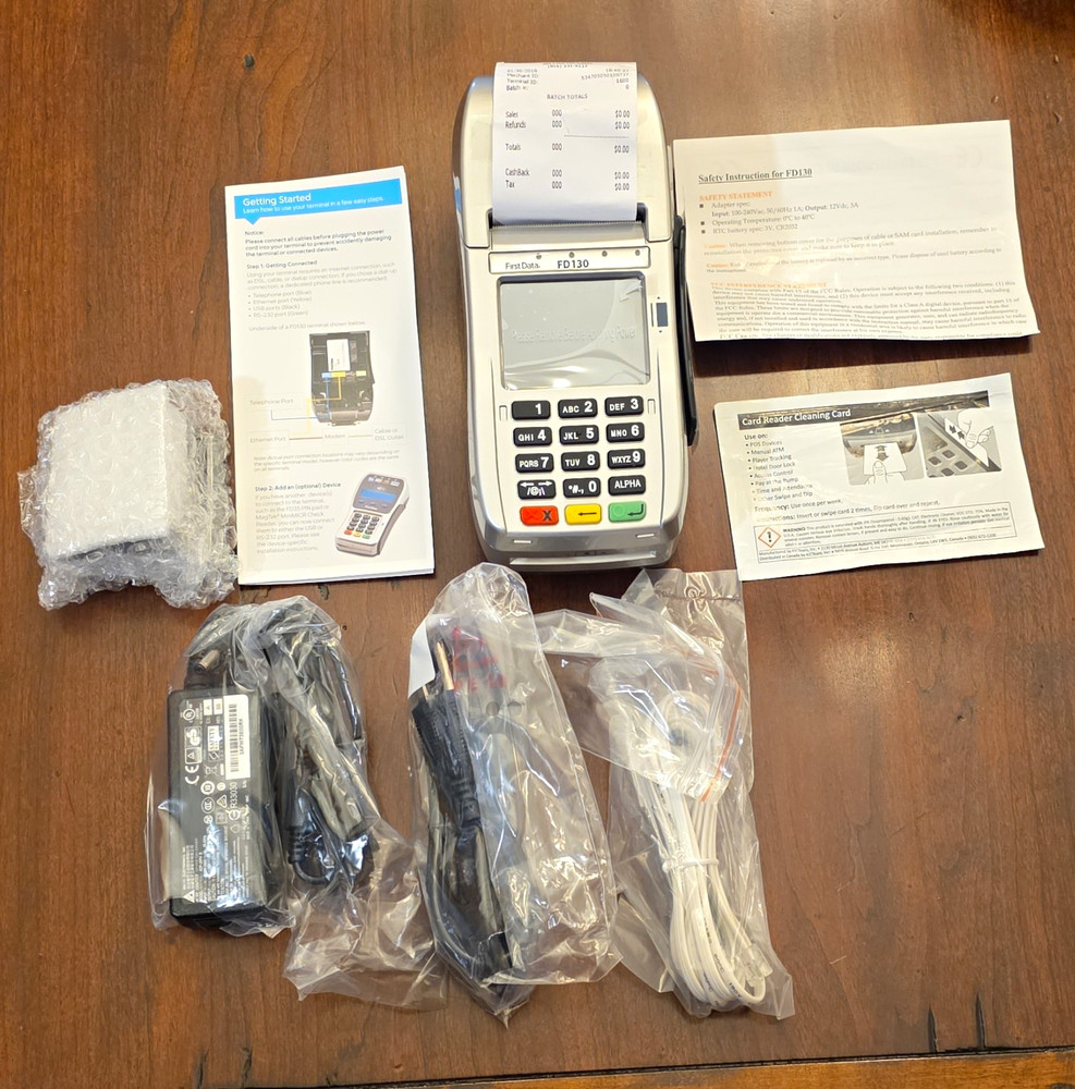 First Data FD130 Wired Credit Card Terminal w/ Printer Cables Manuals