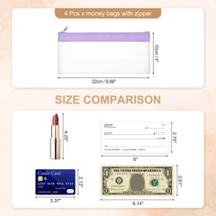 8.7×3.9 Inch Money Bags with Zipper, 4 Pcs Clear PVC Cash Pouch, Purple