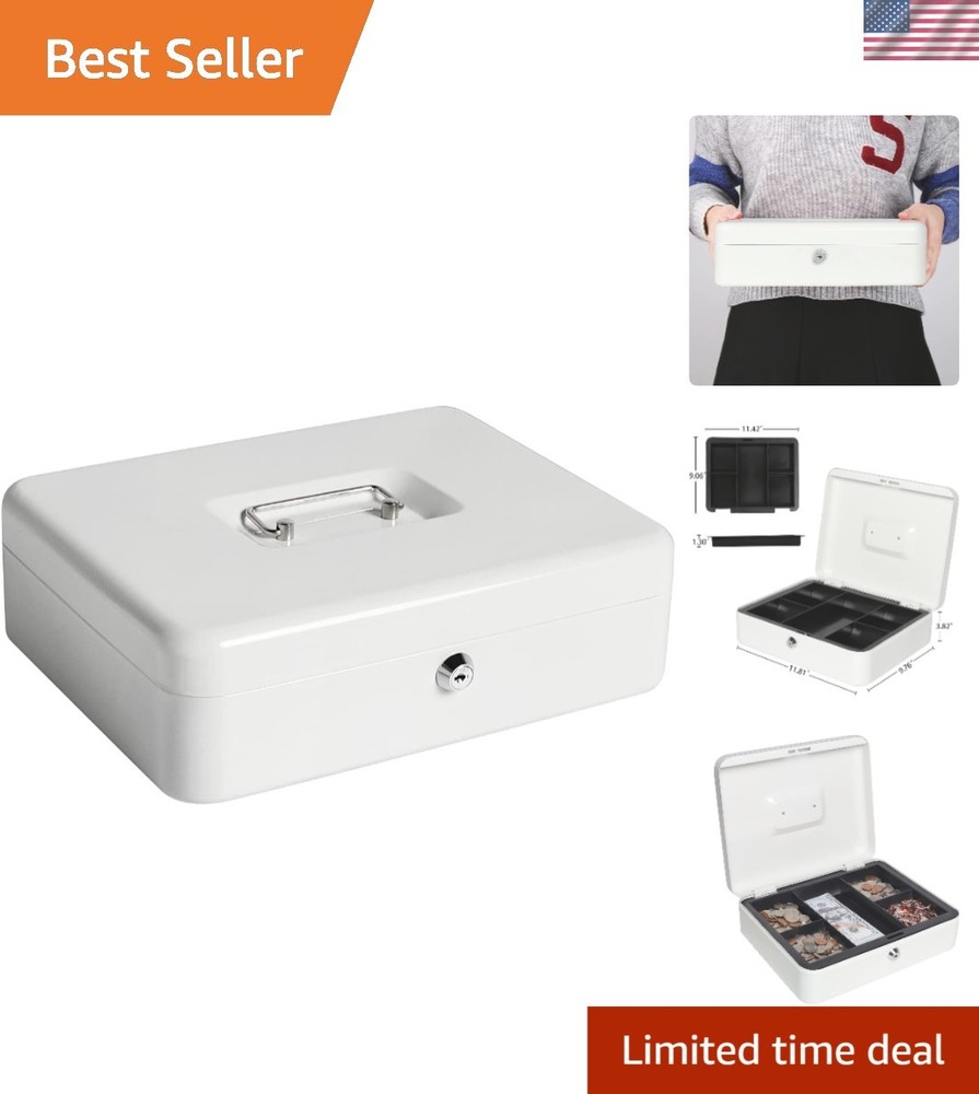 Durable Metal Cash Box with Coin Tray and Key Lock – Ideal for Home & Business