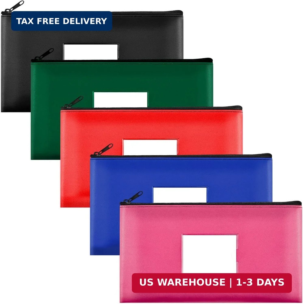 5-Pack Money Bags with Zipper, PU Leather, 11.5 x 6.2 Inches | Waterproof Leathe