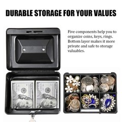 Cash Box with Money Tray, Parrency Small Key Lock, 6 x 4 /5 3, Black