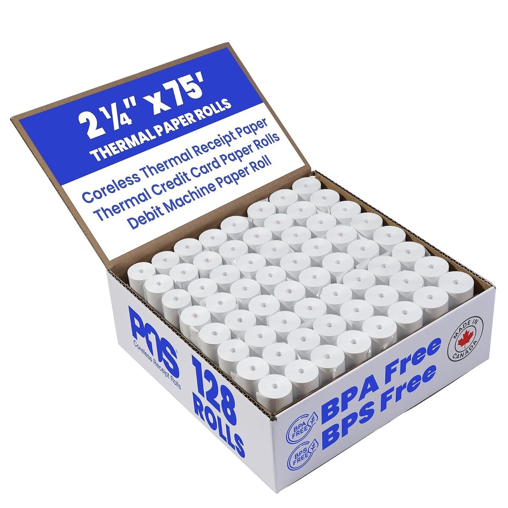 Thermal Paper Rolls 2 1/4 x 75 ft Coreless 128 Rolls BPA Free
