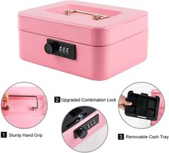 Water-Resistant Cash Box with Combination Lock – Secure and Portable, Pink 7.87&Prime;