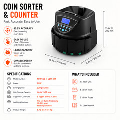 Electronic USD Coin Sorter and Counter, LCD Display, Sorts 270 Coins Per Minute