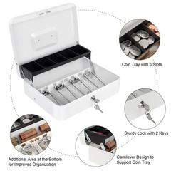 Cash Box Lock Money Tray Metal Safe Register 11.8×9.4×3.54 Inch White Large