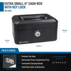 BARSKA 6 Inch Small Steel Cash Box Safe w/ Removable Tray and Key Lock, CB11828