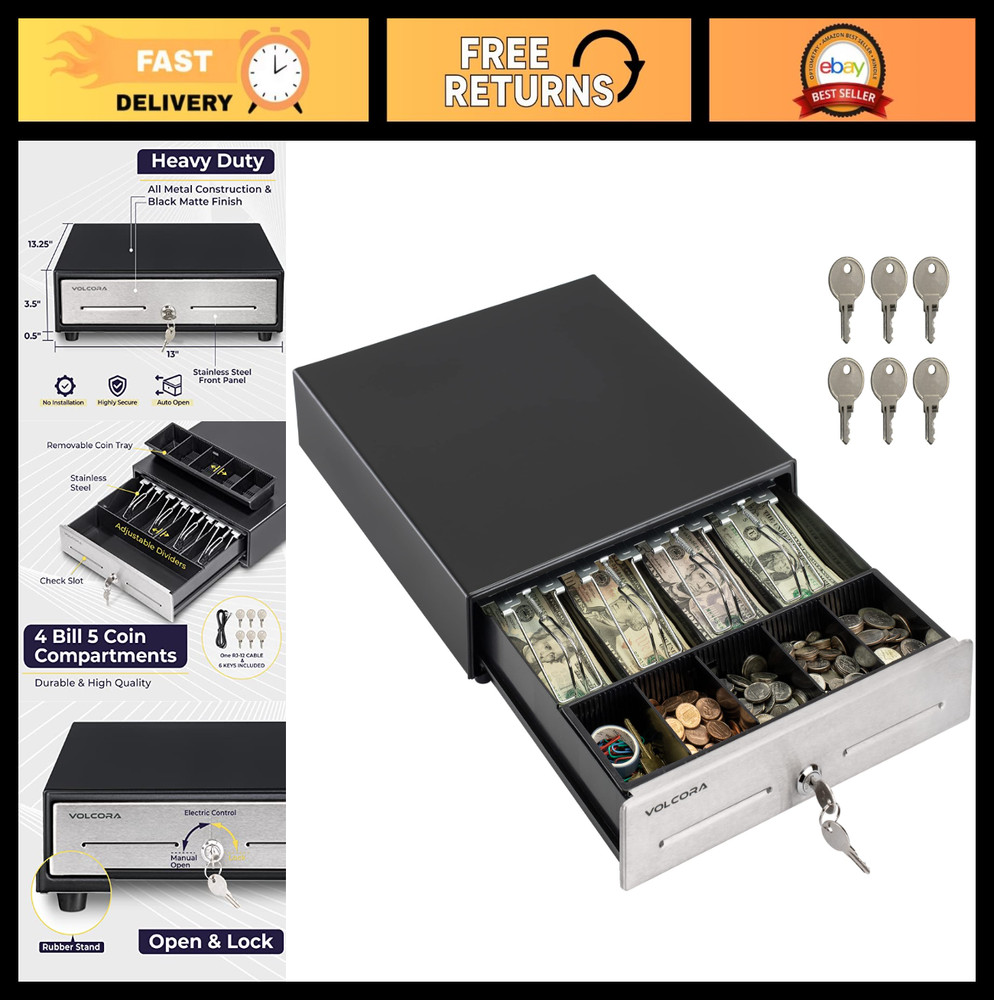 13&Prime; Cash Register Drawer for POS System – 4 Bill 5 Coin Tray, Key-Lock, Removabl
