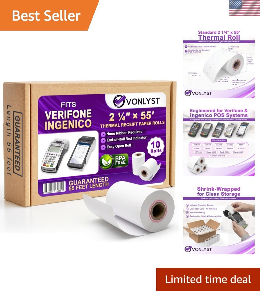 10-Pack Thermal Receipt Paper Rolls 2 1/4&Prime; x 55&prime; for Verifone & Ingenico