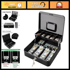 Secure Cash Box with Key Lock – Durable Steel, Spill-Proof Coin Tray, Portable C