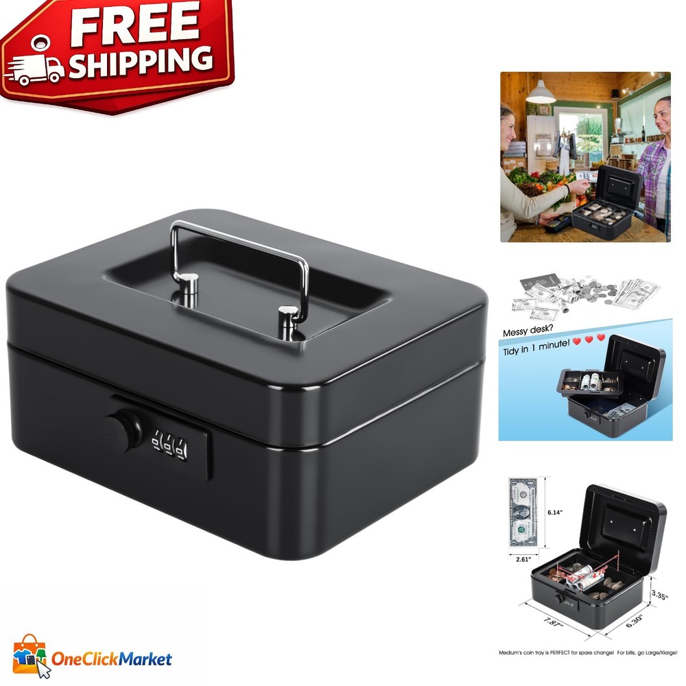 Elegant Black Cash Box with Combination Lock – Portable and Durable Security