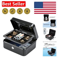 Compact Black Cash Box: Key Lock Storage with Removable Tray for Home & Business