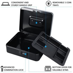 Large Cash Box with Combination Lock – Metal Money Safe with Tray, 9.84&Prime;x7.87