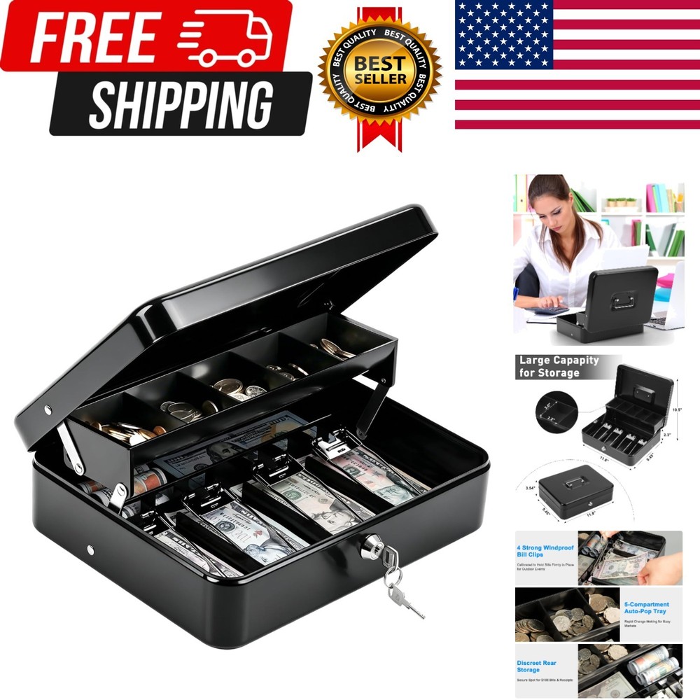 Cash Box with Key Lock–0.7mm Thick Metal Money Box for Flea Market Vendors, C…