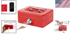 Compact Red Metal Cash Box with Key Lock – Safe Piggy Bank for Coins & Valuables
