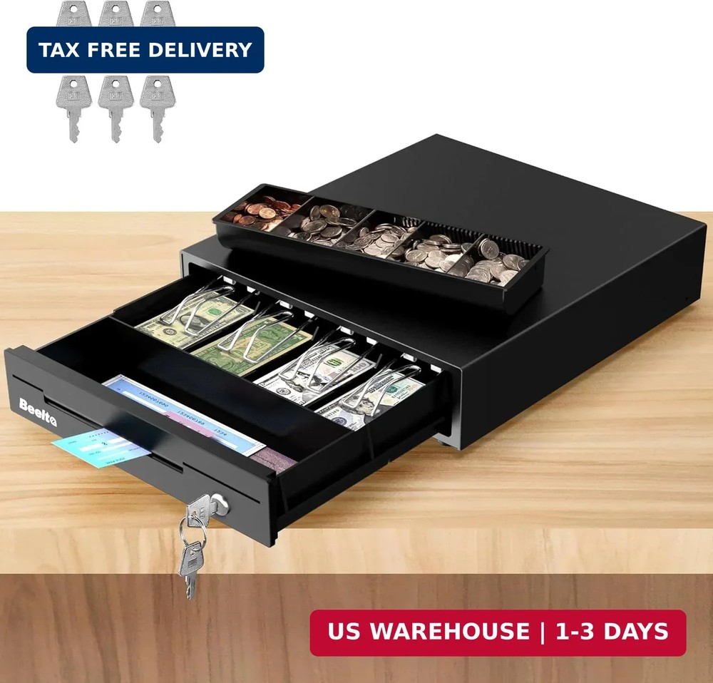 13&Prime; Cash Register Drawer for Small Business, 4 Bill/5 Coin with Check Slot, Stee