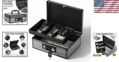 Black Cash Box w/ Key Lock & Removable Tray – Durable Aluminum, Portable Storage