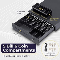POS Cash Drawer, 5 Bill 6 Coin, RJ11/RJ12, Key Lock, Media Slot, Black