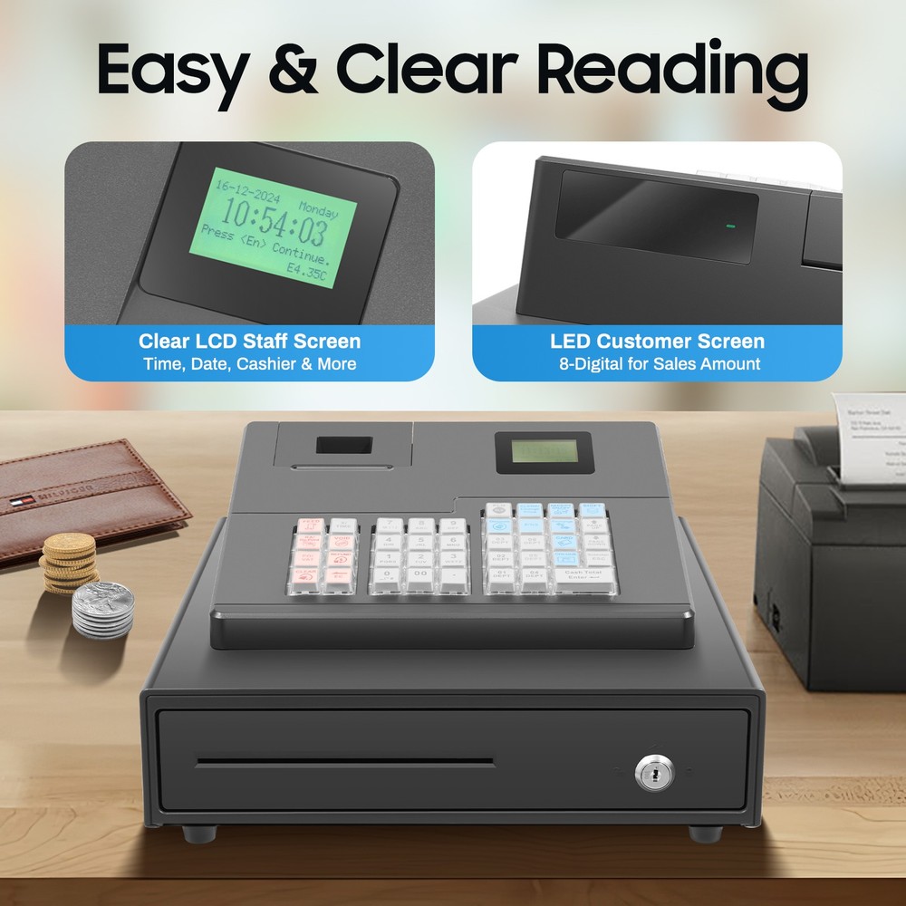 39 Keys Wired Lockable Electric Thermal Cash Register w/ Drawer for Catering US
