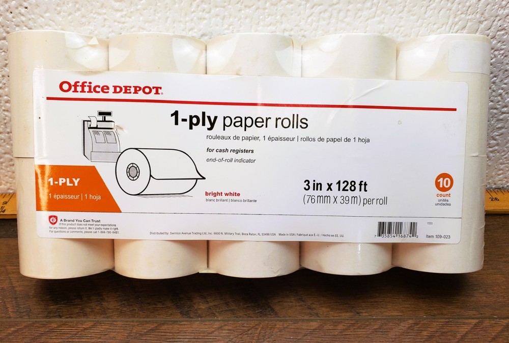 Office Depot 109-023 1-Ply Bond Paper Rolls 3 in x 128 ft White Pack of 10 New