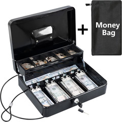 Cash Box with Money Tray, Key Lock Money Safe with Security Cable and Waterproof