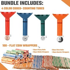 Complete Coin Counting Set: 4 Color Tubes & 100 Wrappers for Smooth Sorting